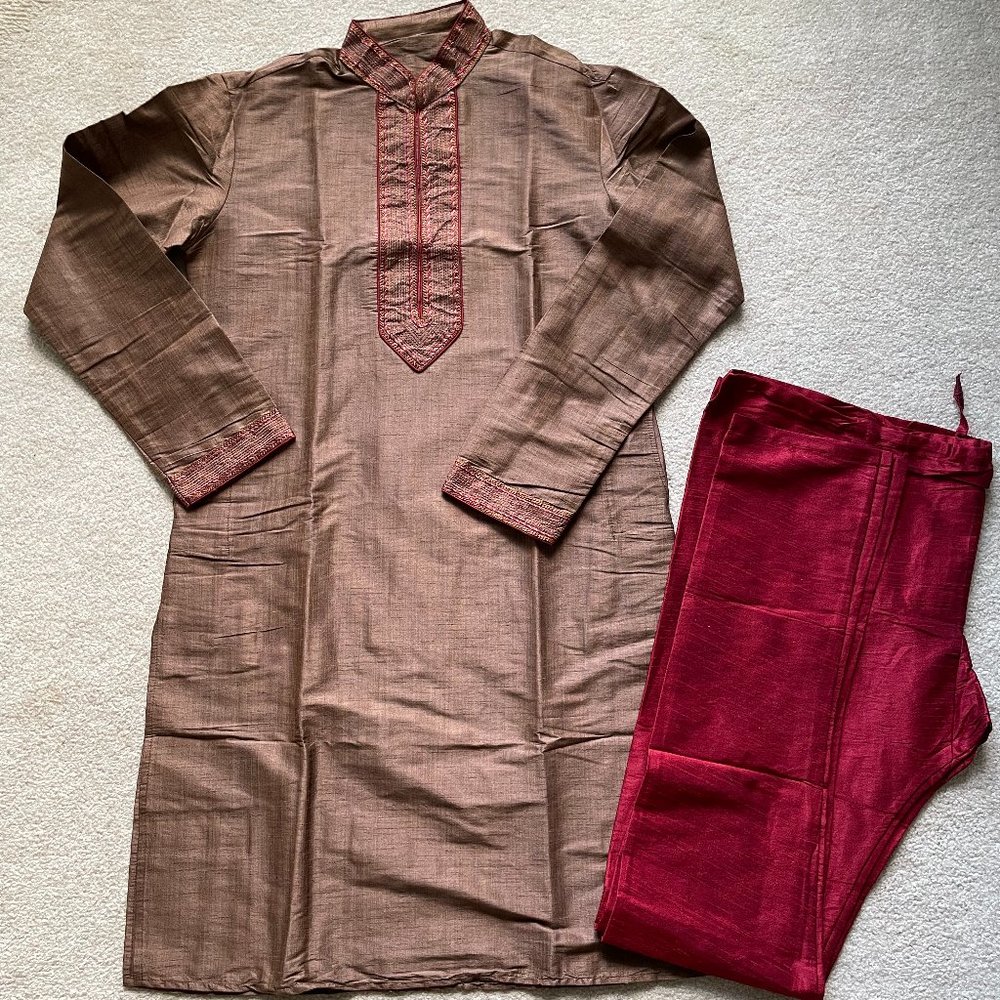 [NEW] Indian Pakistani Men Kurta Pajama Sherwani Suit Brown Red